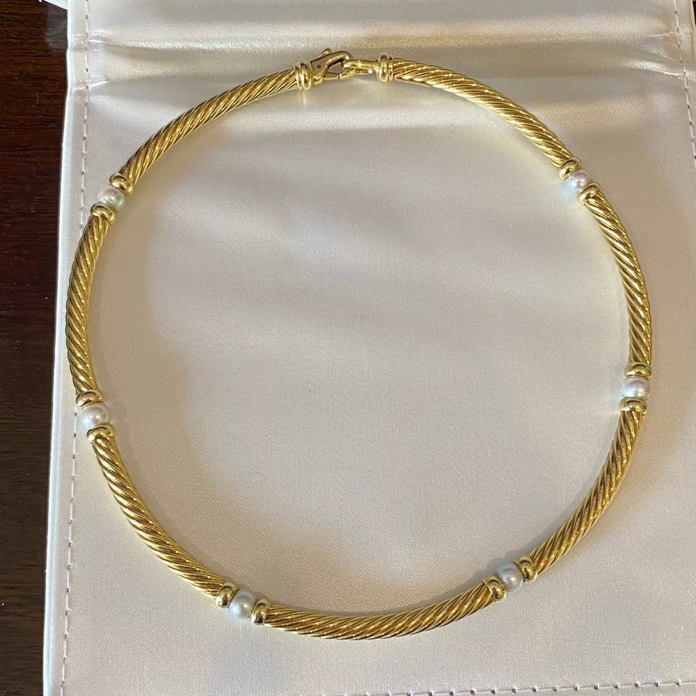 David Yurman 18k Yellow Gold 6mm White Pearl Cable Link Chain Necklace 15"